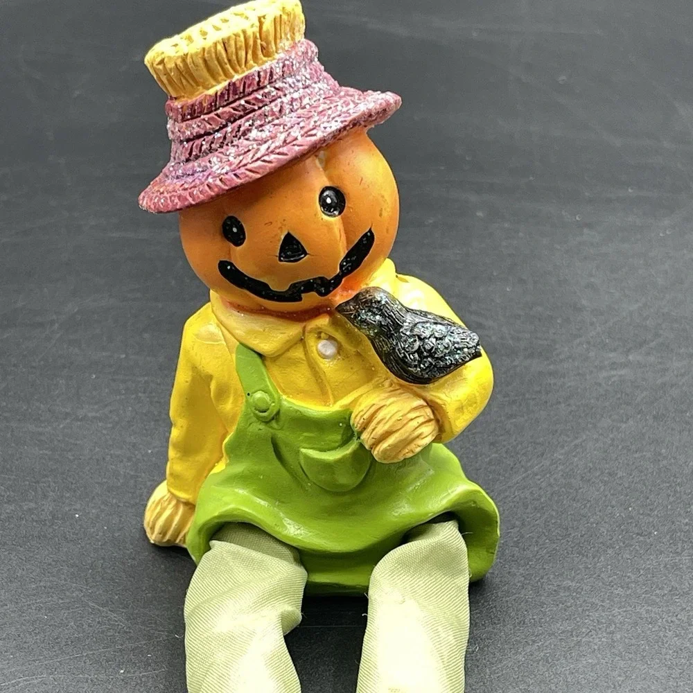 Set of 2 Halloween Jack O Lantern Shelf Sitters Pumpkin Scarecrow Witch Decor
